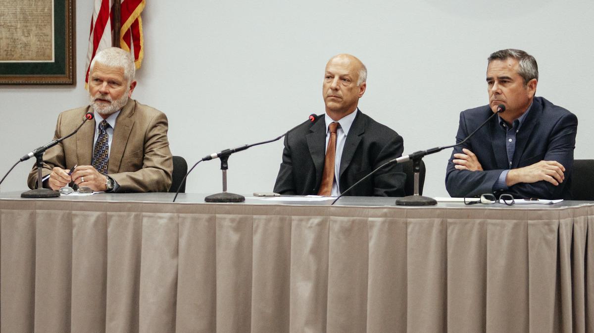 Bruce Gibson, left, Patrick E.B. Sparks and Jeff Eckles take part in a candidate forum in Moro Bay for the District 2 seat on the San Luis Obispo County Board of Supervisors.