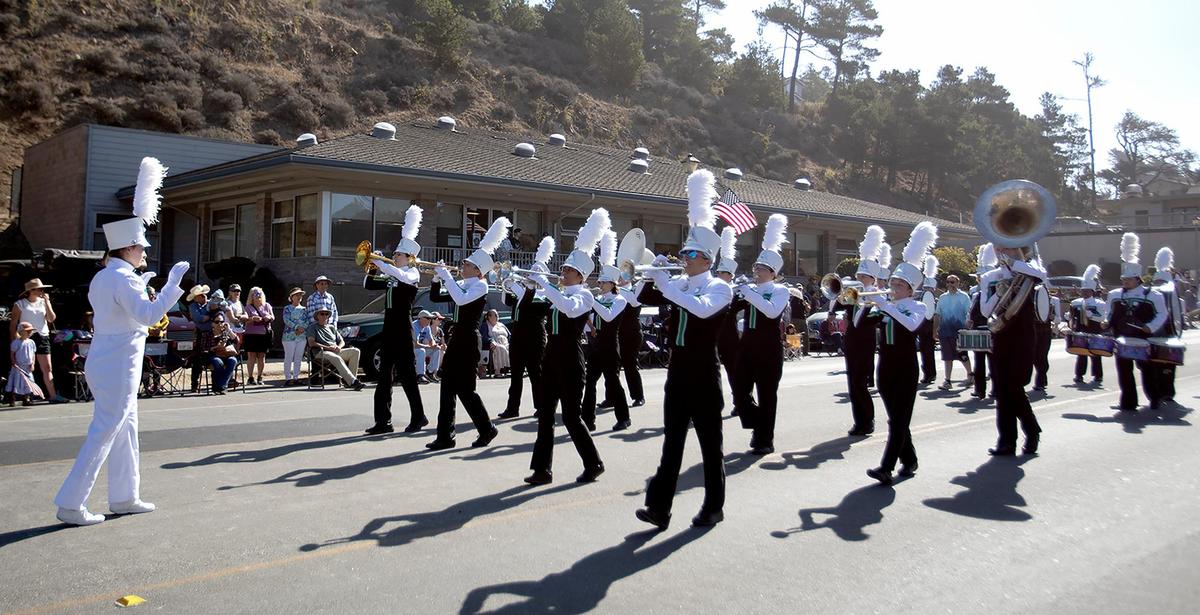 The Templeton High School marching band participates in the Pinedorado Parade in Cambria, on Sept. 3, 2022.