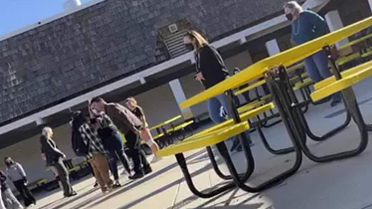 Morro Bay High School teacher David Kelley (in brown shirt and black pants) yells at a student during an altercation on Oct. 12, 2021, at Los Osos Middle School.