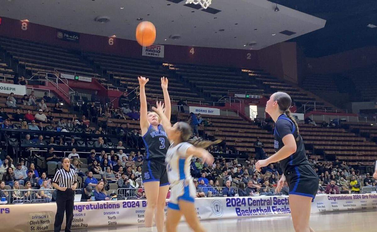 Junior Naiah Zales takes a jump shot during the Pirates 70-38 loss to Bakersfield Christian in the CIF Central Section Division 3 championship game on Feb. 24, 2024, at Selland Arena in Fresno.