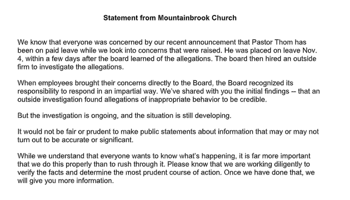 Mountainbook Church released a statement regarding the ongoing investigation into Pastor Thom O’Leary.
