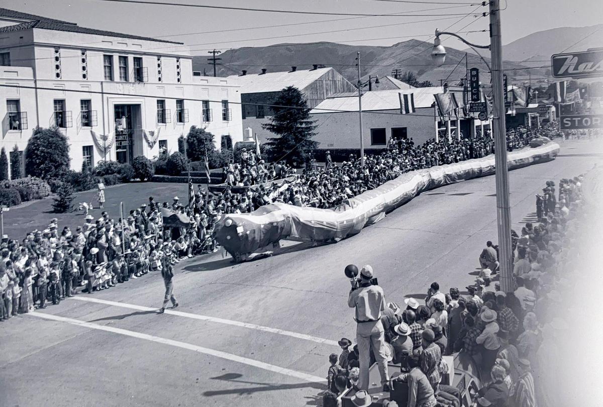 Some sort of snake/centipede moves past the courthouse and Kamm’s Buick dealership and garage. A collection of 4x5 inch negatives show San Luis Obispo’s La Fiesta de las Flores parade on Monterey Street on May 19, 1950.
