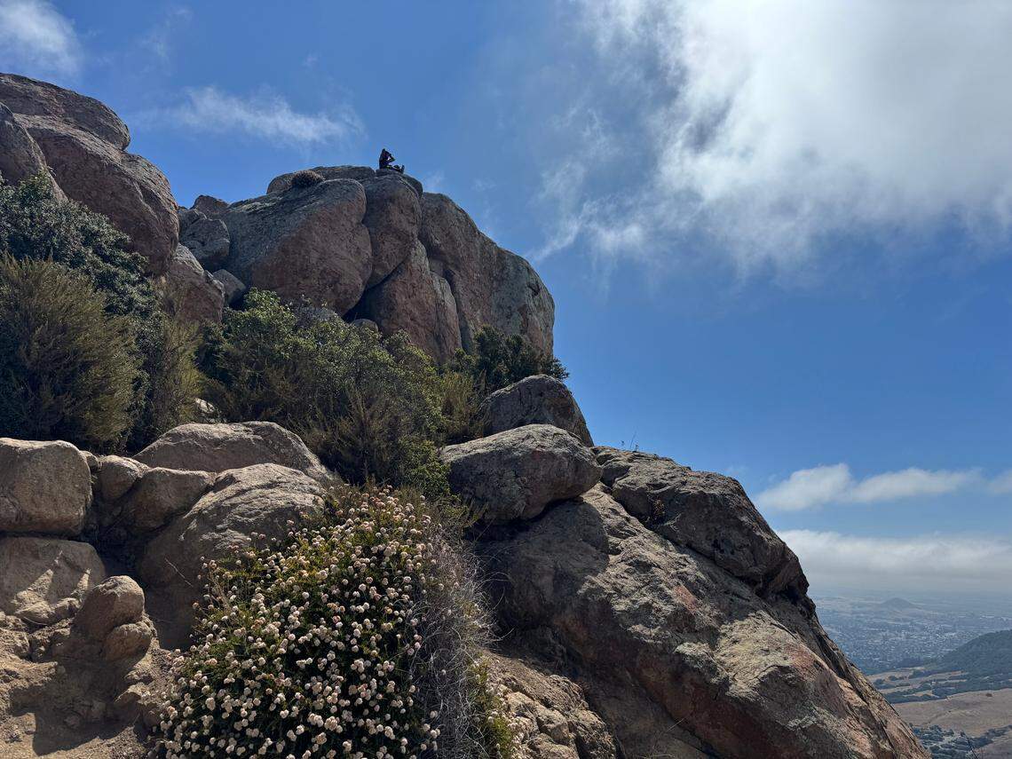 A man sits on the tip of Bishop Peak in San Luis Obispo on July 20, 2025.