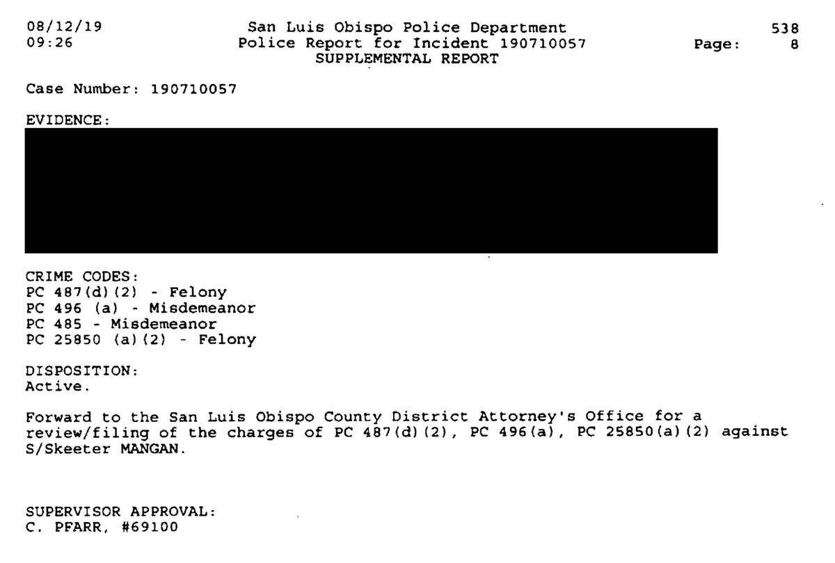 A redacted page from San Luis Obispo Police Department’s investigation.
