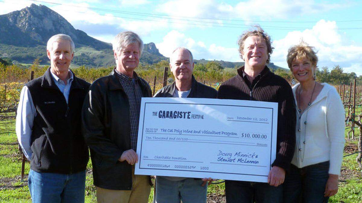 The Garagiste Team recently presented a $10,000 donation to the Cal Poly Wine and Viticulture program. The photo was taken in the Cal Poly vineyard. From left to right are Agriculture Program Associate Dean Mark Shelton; Cal Poly Wine and Viticulture Program Director James Cooper; and Garagiste Team members Stewart McLennan, Douglas Minnick and Melanie Webber.