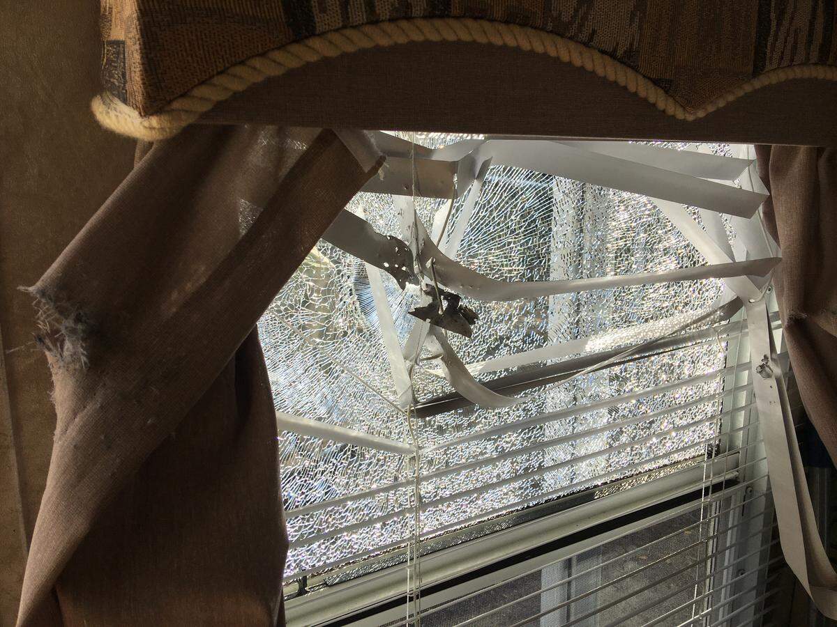 Damage to Mark Ramirez’s RV trailer from gunfire photographed Nov. 20, 2019, at the Elk’s RV Storage in San Luis Obispo.