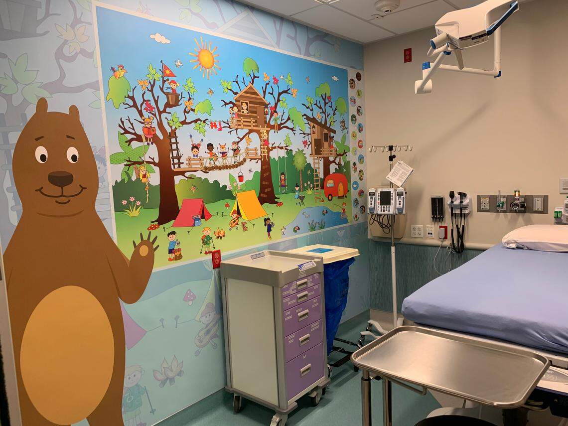 The pediatric room in French Hospital’s new emergency wing features a cartoon wall mural to help distract kids from their ailment.