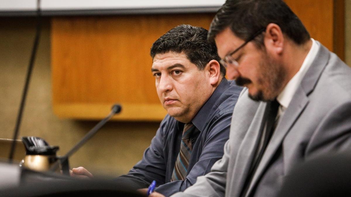 Jim Pinedo, 38, left, of San Miguel, who is accused of shooting his girlfriend in the neck Oct. 2, 2017, sits next to defense attorney Trace Milan during the first day of the testimony Oct. 31.
