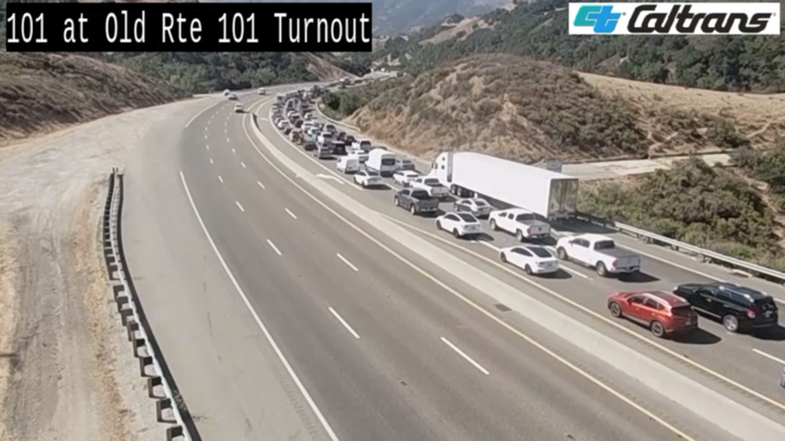 A crash between a semi-truck and sedan near Stagecoach Road on the southbound side of Highway 101 slowed traffic near San Luis Obispo on Thursday, Aug. 25, 2025.