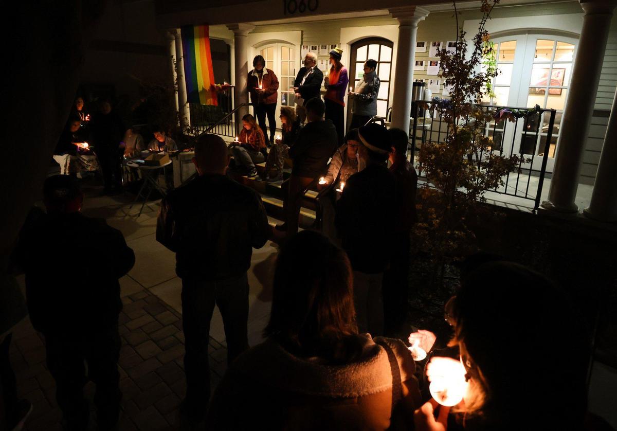 A community vigil was held in front of the Gala Pride and Diversity Center in San Luis Obispo on Nov. 21, 2022, after a gunman killed five people and injured several others at a Club Q in Colorado Springs. About a dozen people spoke informally about their anger at the violence, support for each other and determination for the future.