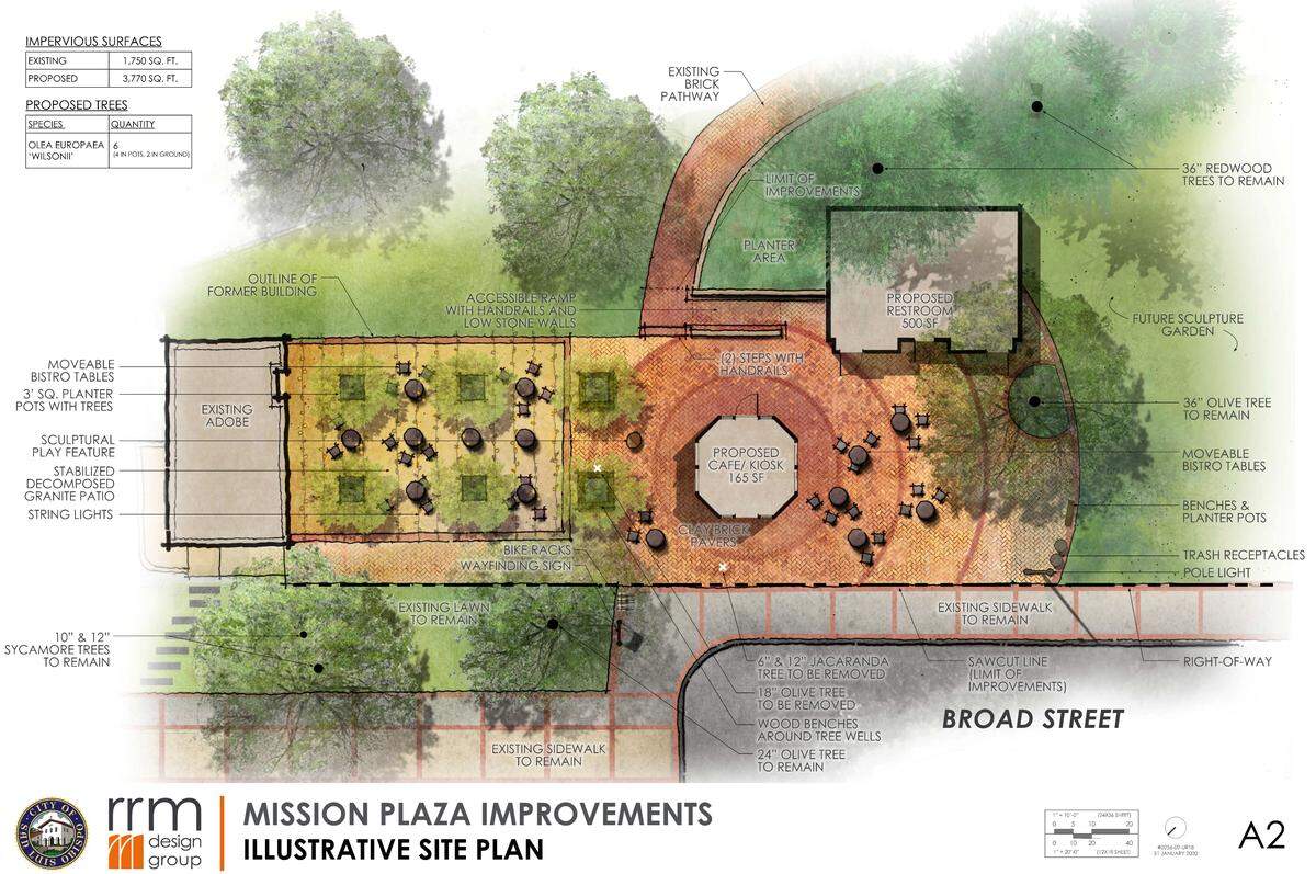 A site plan shows how a proposed food kiosk could be built near the restrooms in San Luis Obispo’s Mission Plaza.