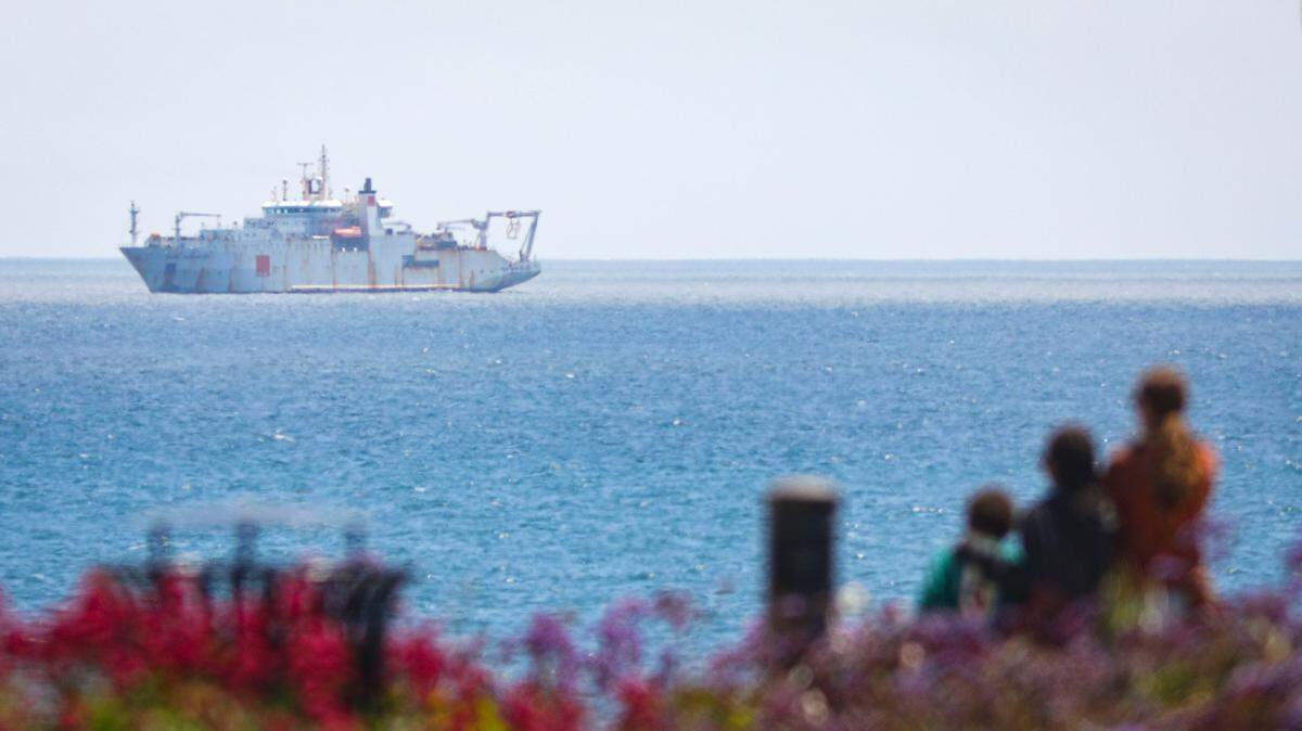 The CS Rene Descartes — a 470-foot French cable-laying ship — was visible from the shore of southern San Luis Obispo County on May 14, 2024, as it installed a fiber optic cable connecting Japan and the United States through Grover Beach.