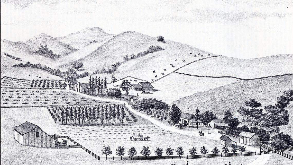 The Ira Van Gordon Dairy in Green Valley, east of the hamlet of Harmony in 1883 from Myron Angelâ™s History of San Luis Obispo County, California.