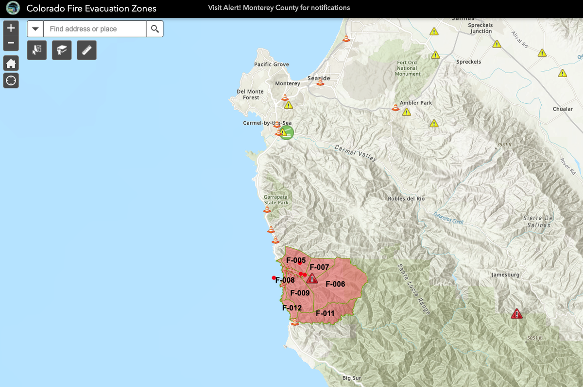 A map shows the location of evacuations in response to the Colorado Fire in Big Sur.