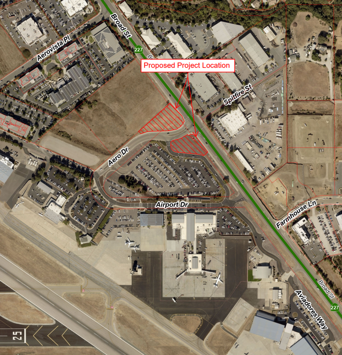 A map of the proposed location for new parking lots at the San Luis Obispo County Regional Airport.