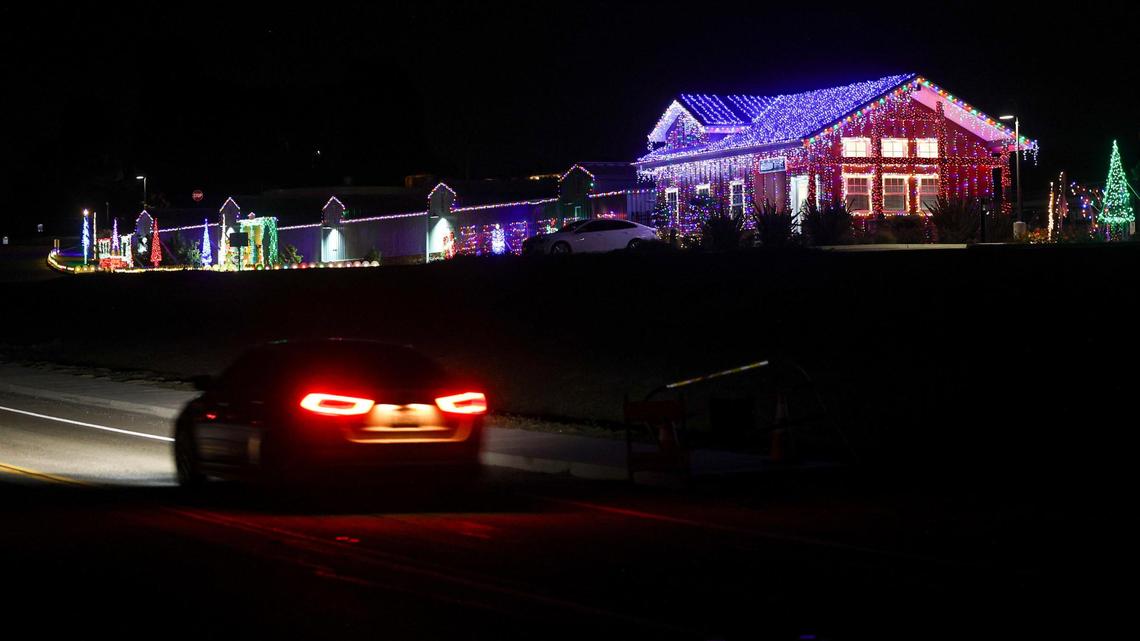 Buckley Springs Storage near the airport glows at night. Holiday lights are shining in San Luis Obispo seen here on Dec. 10, 2024.