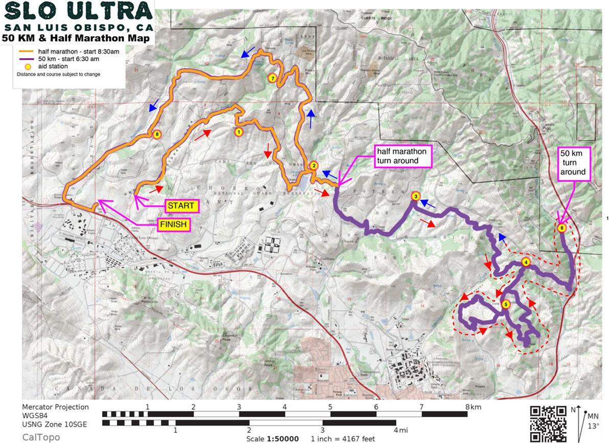 A map shows the courses for the half marathon and 50k, with 11 aid stations set up along the route.