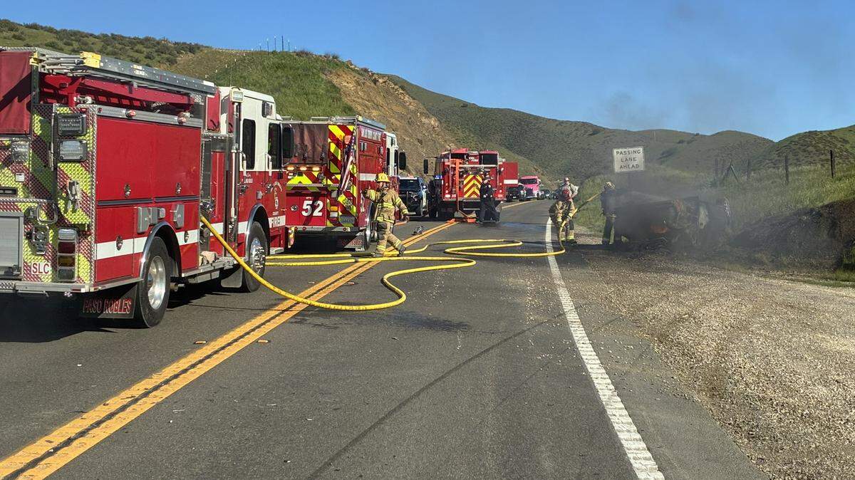 An overturned vehicle caught fire on Highway 41 north of the Cholame Y on Jan. 9, 2026. The crash closed the road and resulted in two patients being transported to the hospital.