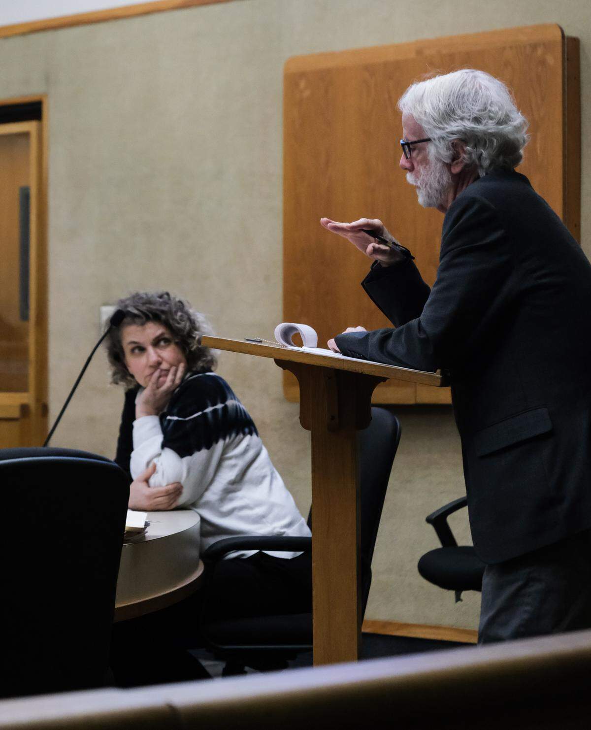 Brandi Turner, left, looks at her lawyer, Jeffry Radding, as he cross-examines a witness in her trial in San Luis Obispo Superior Court on Jan. 10, 2024. Turner is accused of murder in the fentanyl overdose death of Quinn Hall in October 2022.