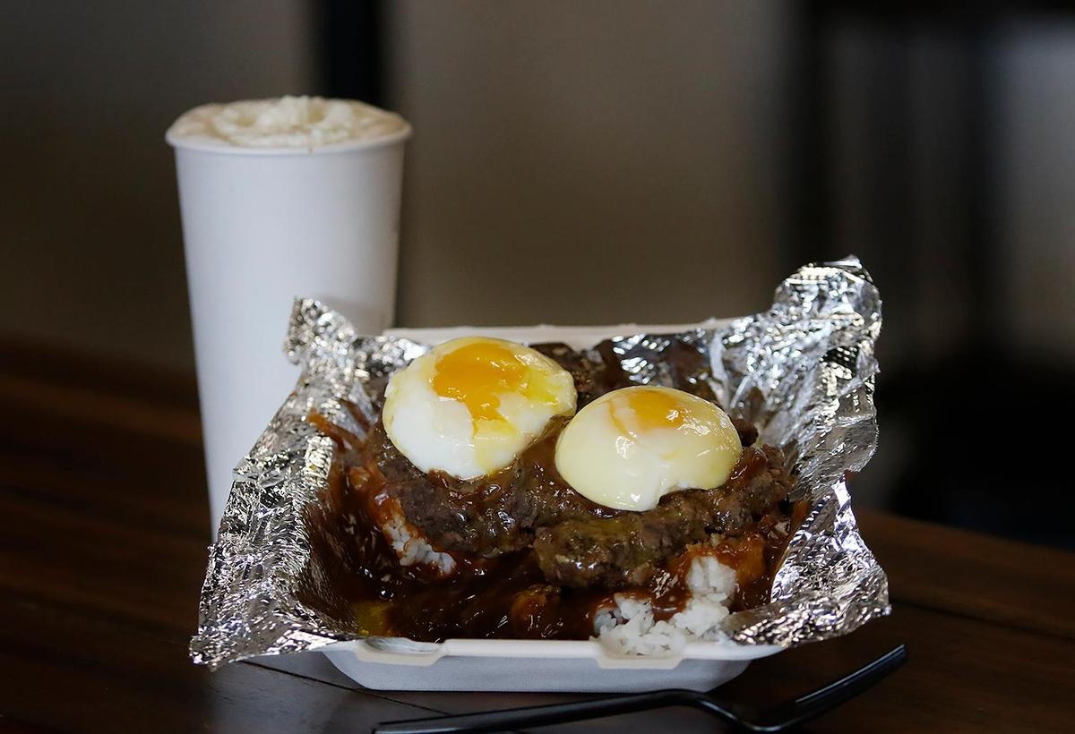 The Loko Moko at Red Dirt Coffee House is made from two hamburger patties over rice, with gravy and poached eggs, topped with a pasteurized yolk sauce.