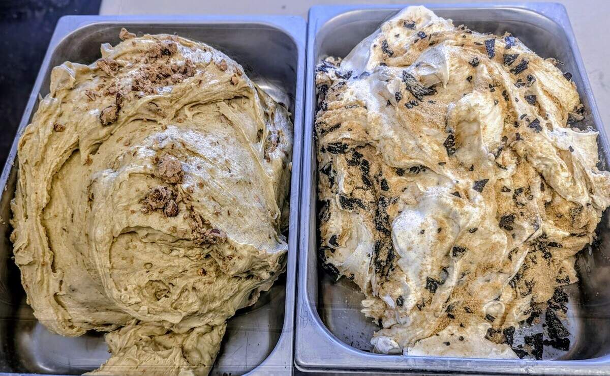 Freshly made Paso Pistachio Crunch, left, and S’more gelato rest in production trays at Leo Leo Gelato’s Paso Robles facility. Visitors touring the factory during Open Farm Days Weekend on June 20, 2026, watched flavors move from production to packaging while learning about the local ingredients that help define the company’s lineup.