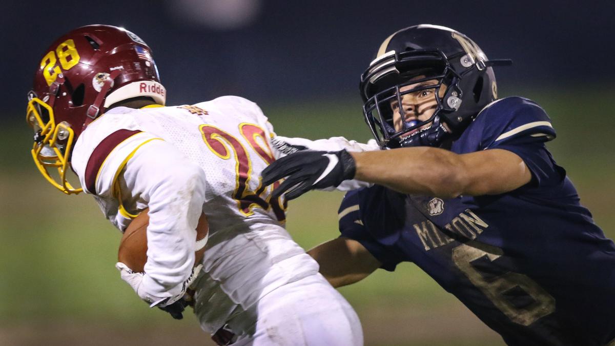 Jack Susank tackles Jaulynee Riggens in 2019. The Mira Monte High School Lions from Bakersfield visited the Mission Prep Royals in the first round of playoff football.