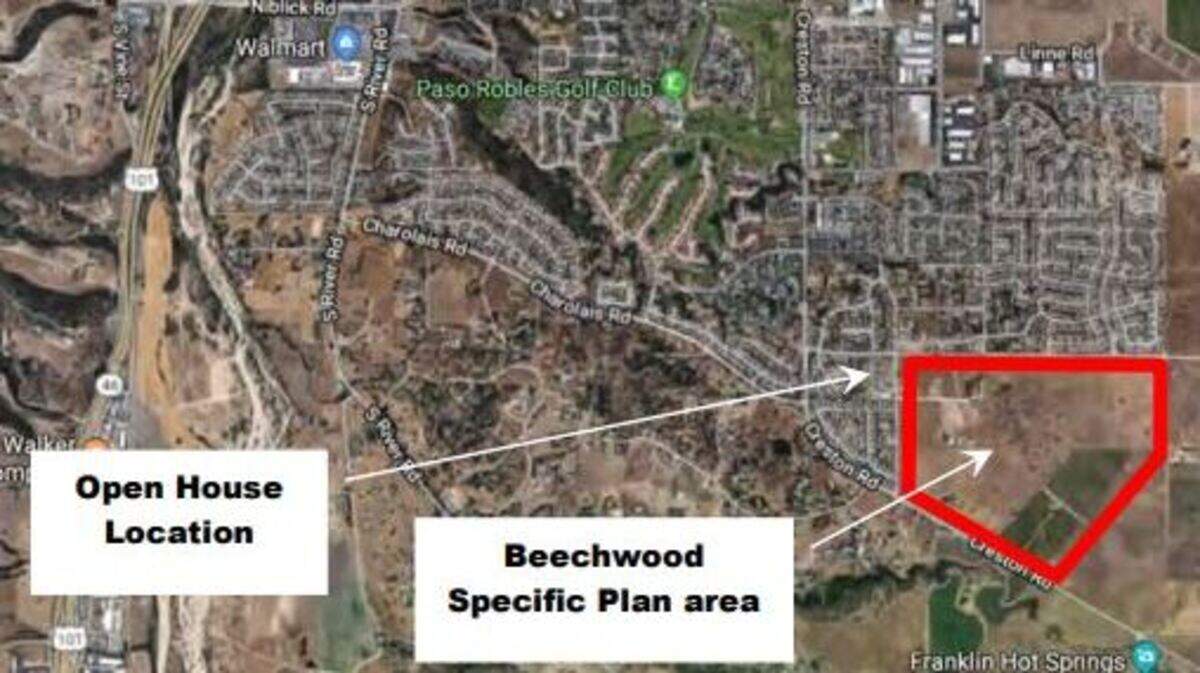 A map showing the 211-acre Beechwood development site in the southeast corner of Paso Robles. An open house will be held at Virginia Peterson Middle School on Wednesday night to discuss the project.