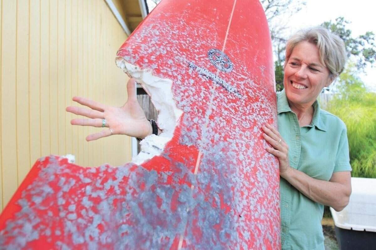 On Aug. 29, 2015, a shark took a bite out of Los Osos surfer Elinor Dempseyâ€™s board, leaving a 14-inch-wide gap. Dempsey was unhurt in the incident at Morro Strand State Beach.