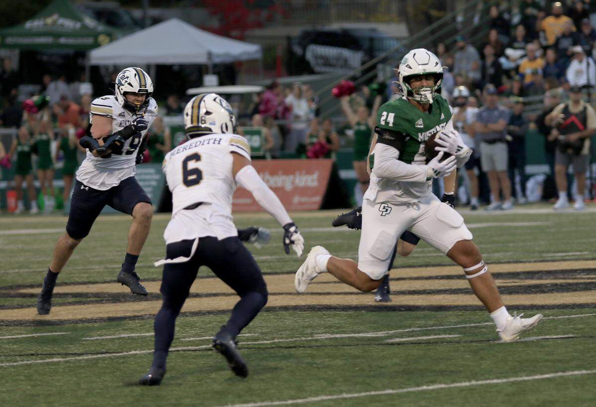 Tight end Michael Otterstadt runs with the ball. Cal Poly fell to Montana State 34-17 in a college football game at Mustang Memorial Field on Oct. 25, 2025.