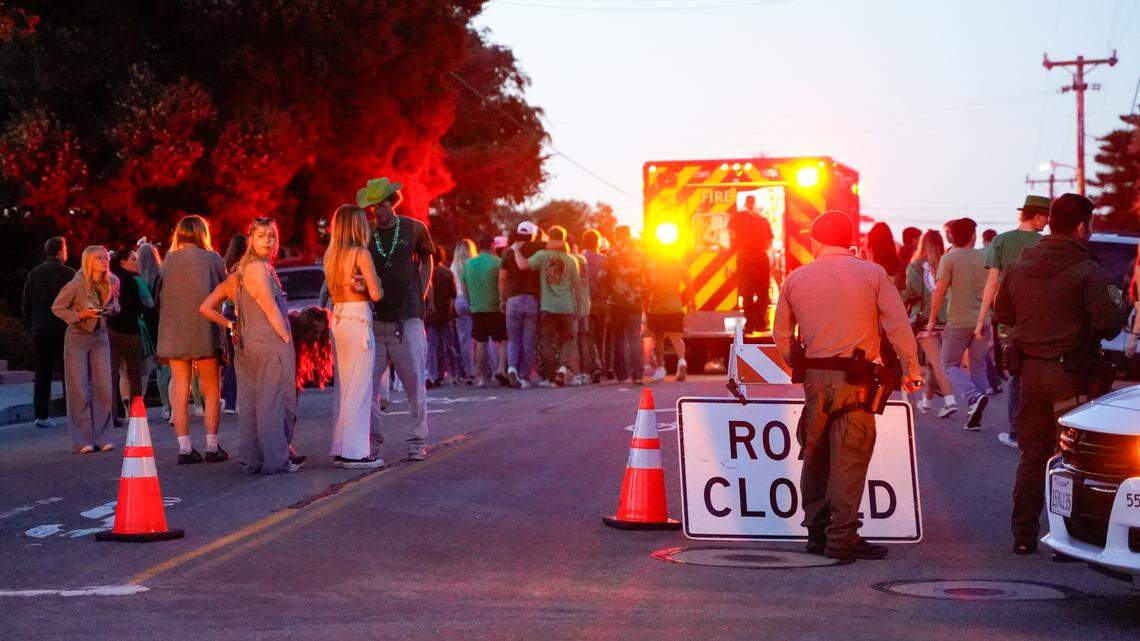 Cal Poly students turned out early Saturday morning, March 16, 2024, for St. Fratty’s Day on Hathway Avenue near the university. A San Luis Obispo Police Department officer at the scene of the party estimated between 6,000 and 7,000 people in attendance.