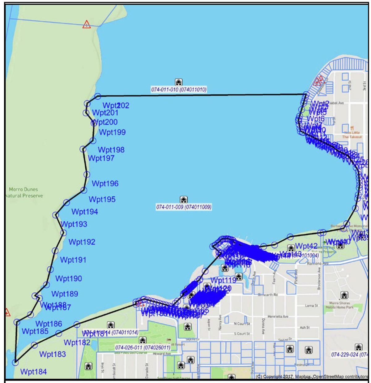 A map from a sales brochure shows 538 acres of bay floor for sale at the back end of the Morro Bay Estuary. The line extends west from about Santa Ysabel Avenue in Los Osos across to the dunes and south to Montaña de Oro State Park and the Sea Pines Golf Resort.