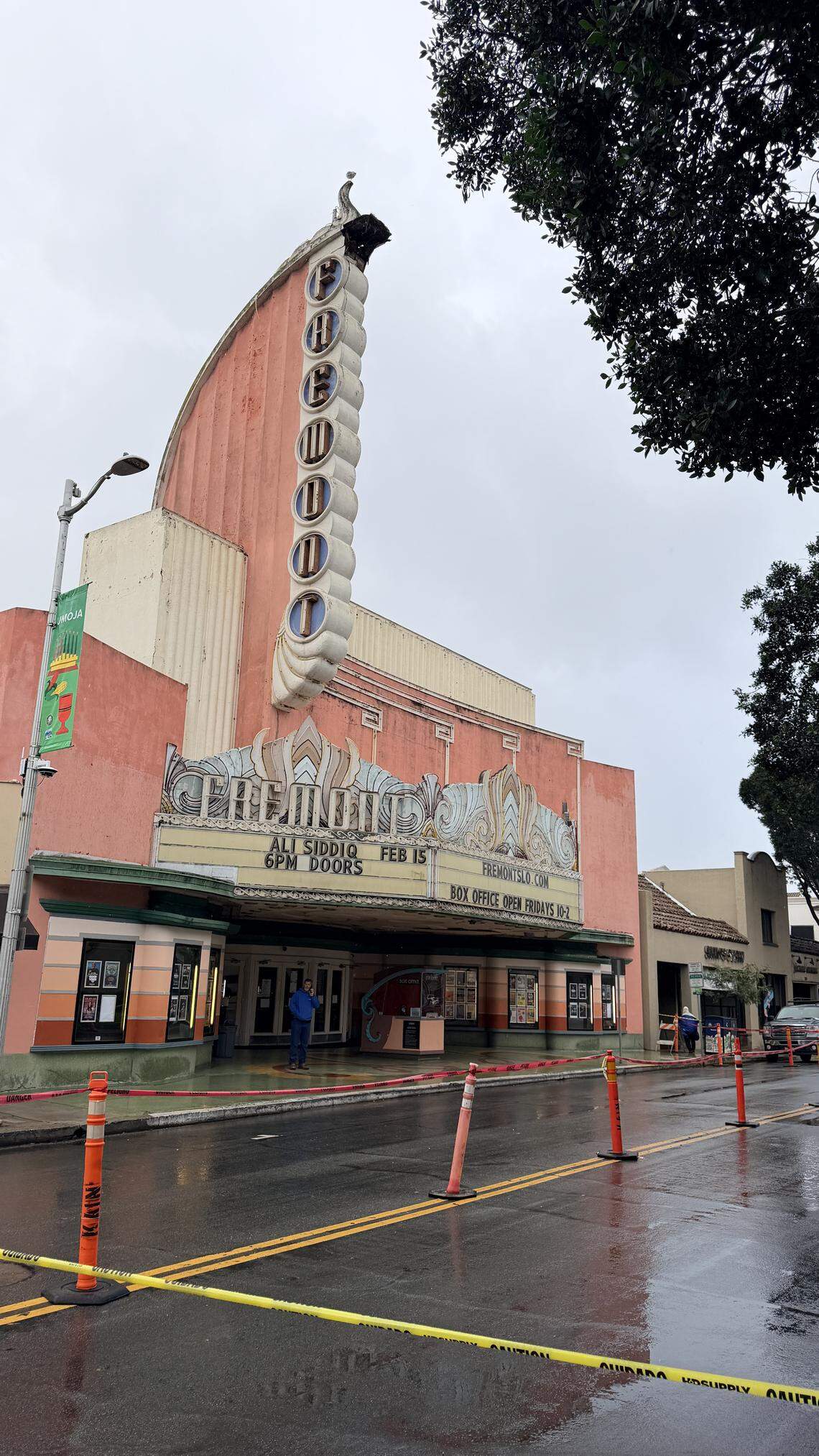 Monterey Street in San Luis Obispo was closed on Tuesday, Feb. 17, 2026, after a chunk of the Fremont Theater’s vertical marquee fell off.
