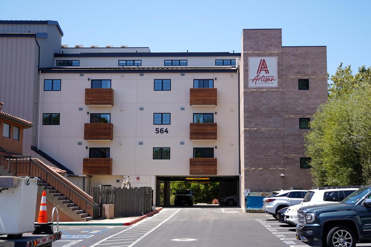 Construction on Artisan Apartments in downtown San Luis Obispo wrapped up in early June, pictured Thursday, June 12, 2025. The new 36-unit apartment complex utilizes an all-electric design and dense, tall infill techniques to place the units on a small lot along San Luis Obispo Creek.