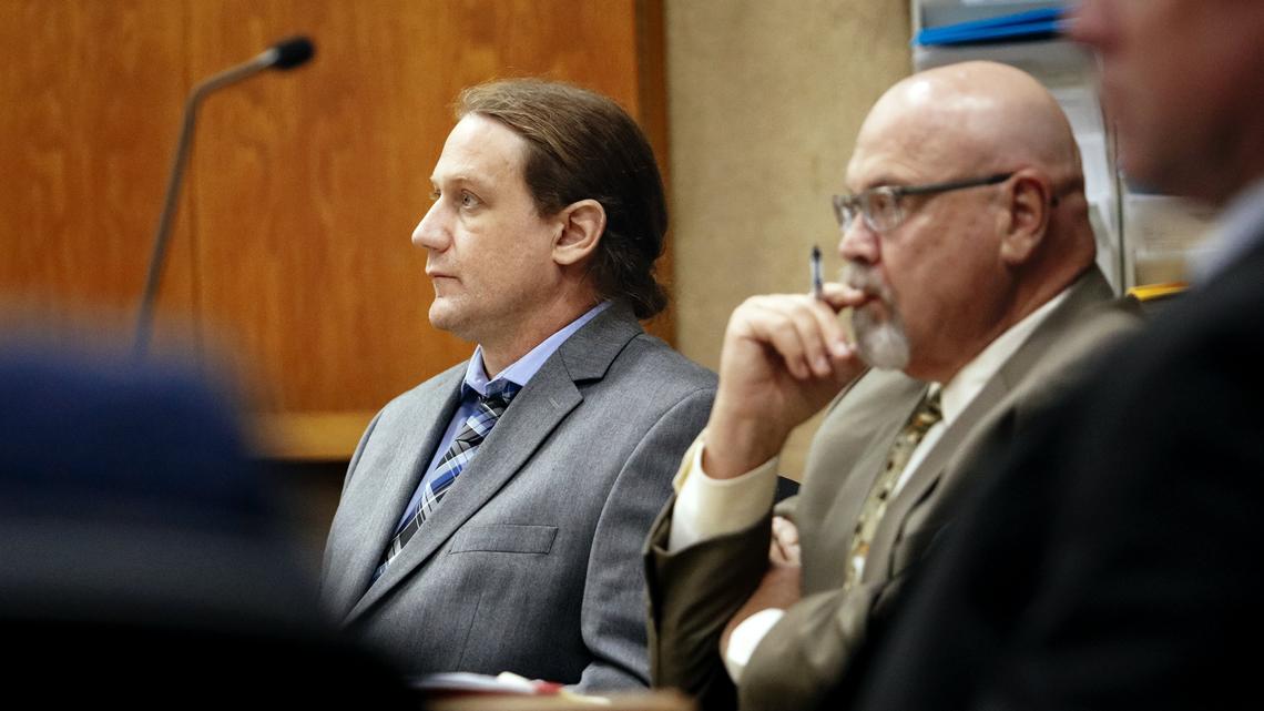 Charles Chad Giese, left, was sentenced in August 2018 to 26 years to life for the murder of his roommate, Walter Vallivero, in November 2015. He is pictured here next to his lawyer, Ilan Funke-Bilu, during the start of his trial in May 2018.