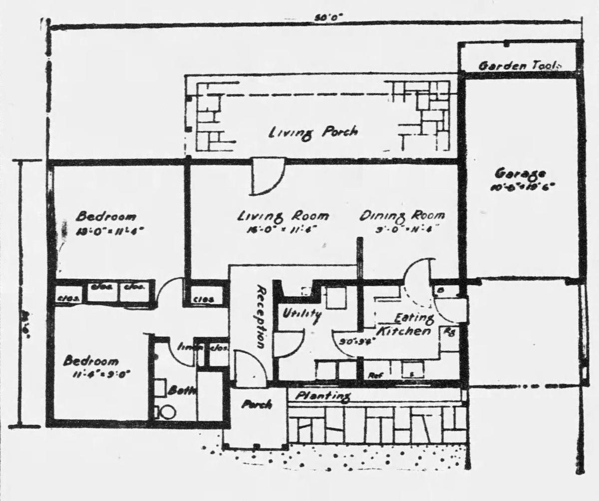 A compact ranch style home plan by Walter Anicka was published in the Telegram-Tribune Dec. 30, 1949. Post-war California was on the leading edge of a housing boom.