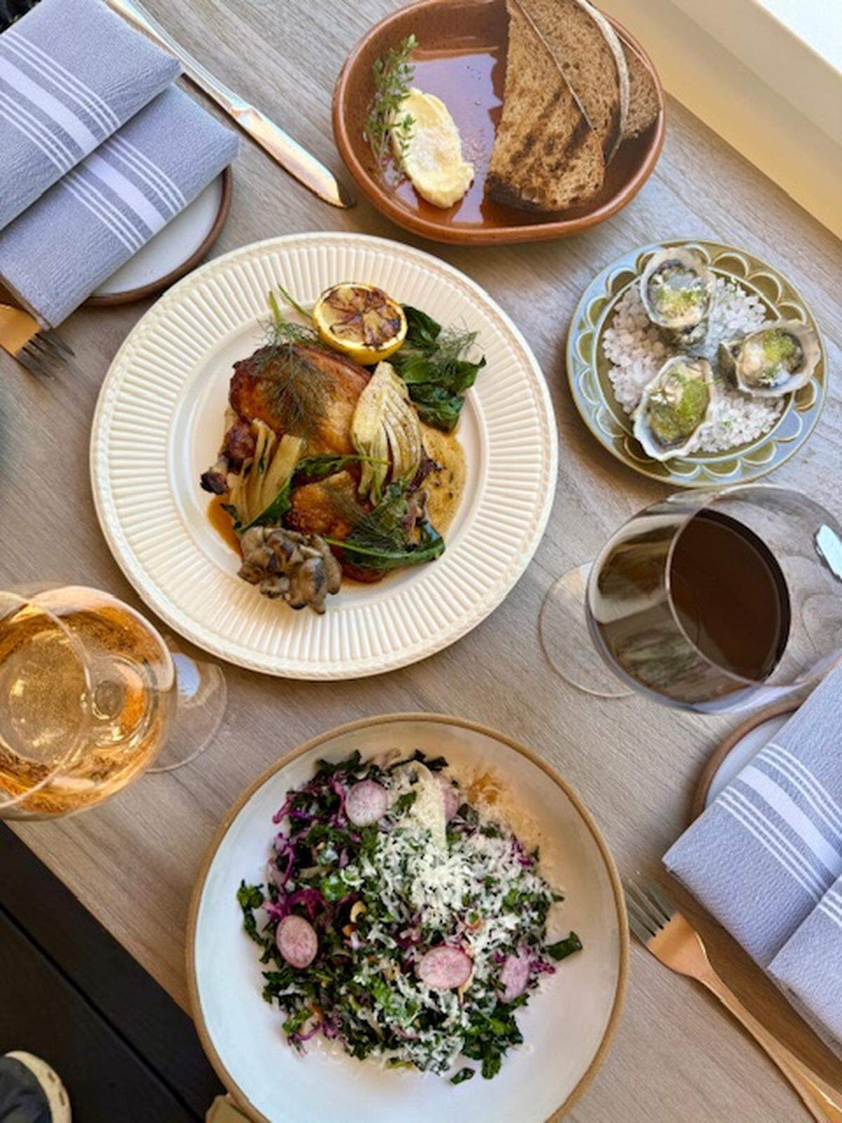 Grace & Rose’s menu features brick chicken with greens and fennel in a white wine jus and Grassy Bar oysters from Morro Bay.