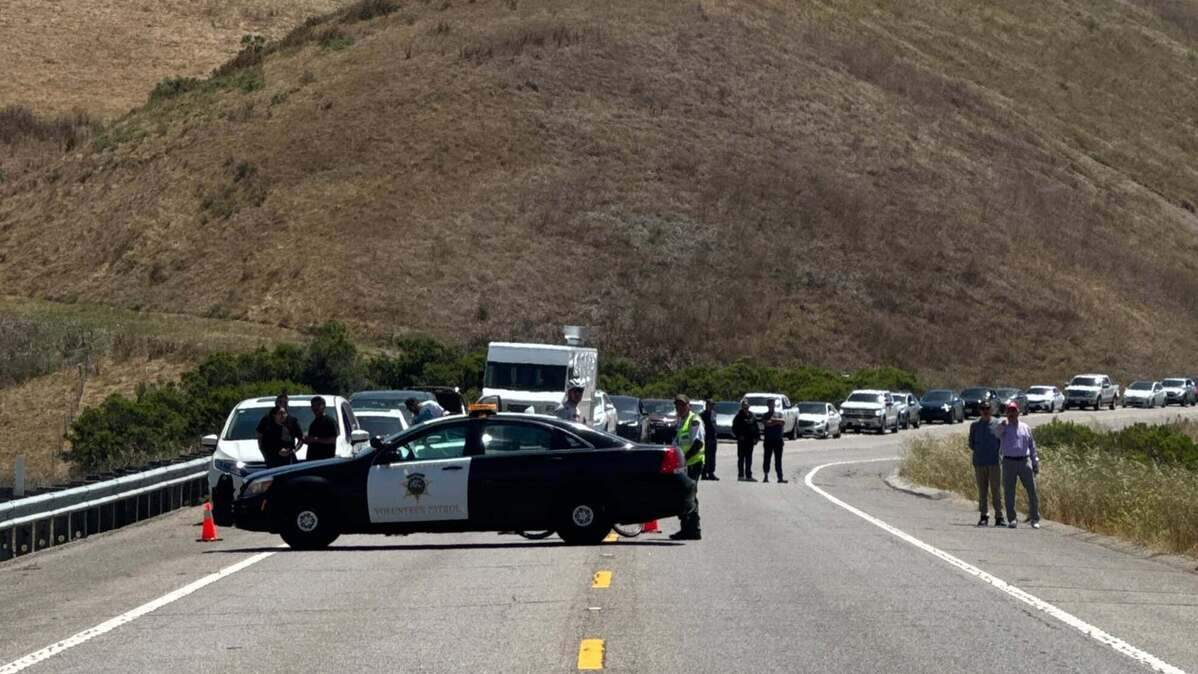 A San Luis Obispo County Sheriff’s Office volunteer patrol vehicle blocks Highway 46 west of Paso Robles following a fatal head-on crash Sunday, June 7, 2026. The collision prompted a highway closure and SigAlert, according to CHP traffic logs.