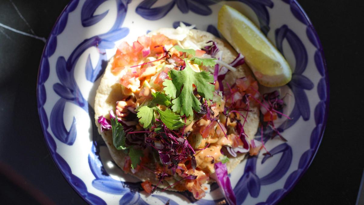 Fis Taco Baja, battered fish, coleslaw, mayo-chipotle, pico de gallo, corn handmade tortillas. Condesa next door to boutique hotel Petit Soleil, seen here on July 2, 2025.