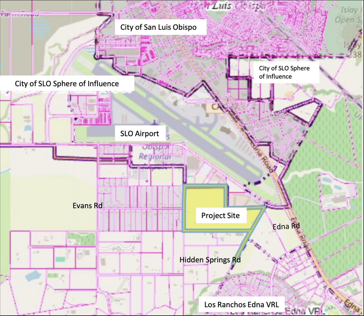 San Luis Obispo County landowner Paul Abbot, 52, hopes to rezone his 54-acre parcel, located at 800 Evans Road, just west of the intersection of Broad Street and Buckley Road and about 350 feet directly south of SLO County Regional Airport. It sits just outside the city limits of San Luis Obispo and the city’s sphere of influence.