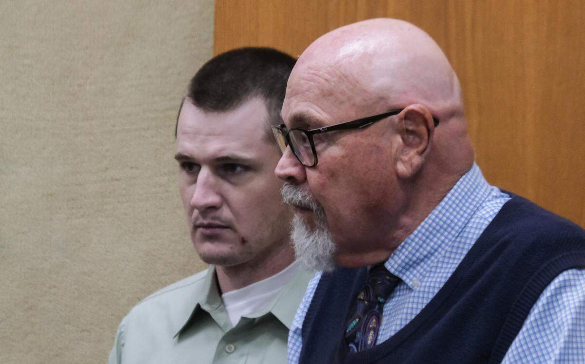 Zachary Bernal, left, and his attorney Ilan Funke-Bilu attend his arraignment in San Luis Obispo Superior Court on March 19, 2025. Bernal, 31, of Atascadero was accused of being the driver in a fatal hit-and-run that killed 11-year-old José Gutiérrez in Atascadero on March 14, 2025. He was charged with felony vehicular manslaughter while intoxicated and felony hit and run resulting in death. The hit-and-run charge carries a sentencing enhancement for fleeing a vehicular manslaughter. He was also charged with misdemeanor possession of a narcotic controlled substance.
