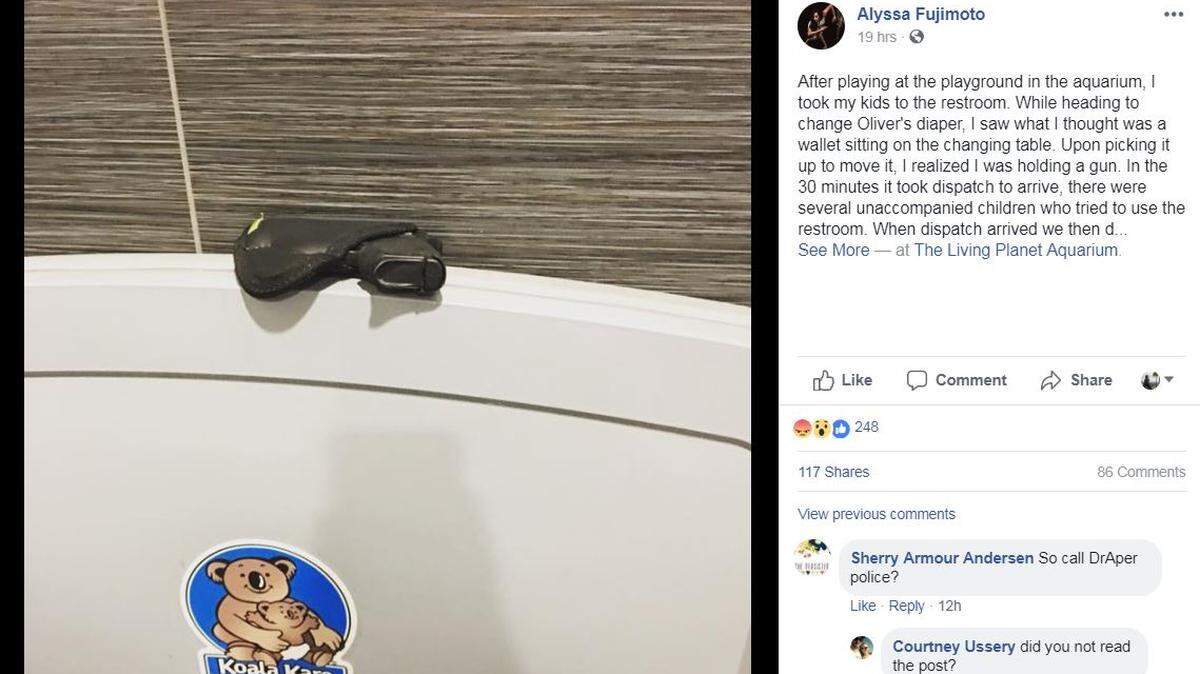 Alyssa Fujimoto went into the bathroom of a Utah aquarium to change her newborn baby's diaper when she says she found a loaded gun on top of the changing table.