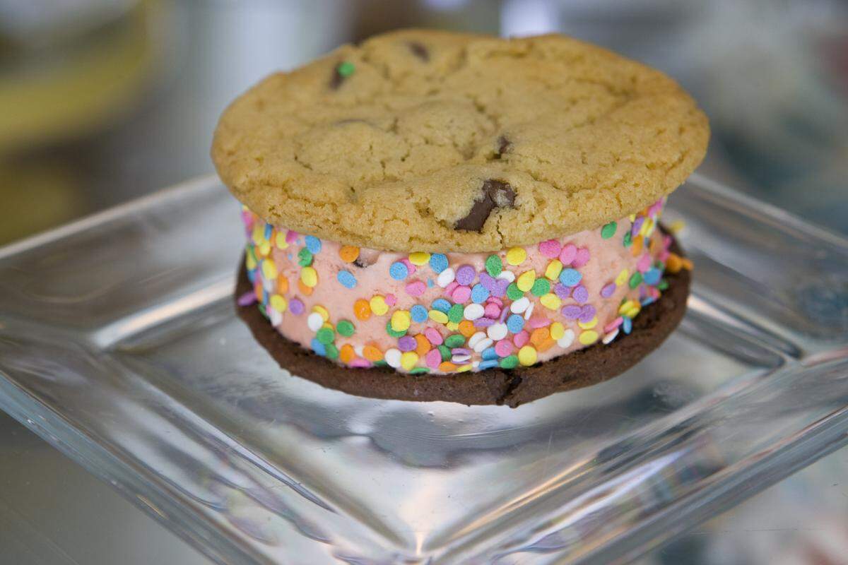 At Batch in San Luis Obispo, you can make your own ice cream sandwiches, like this one with Monarch Chip ice cream between a chocolate chip cookie and a fudge cookie, coated with sprinkles. Pictured in August 2013.  