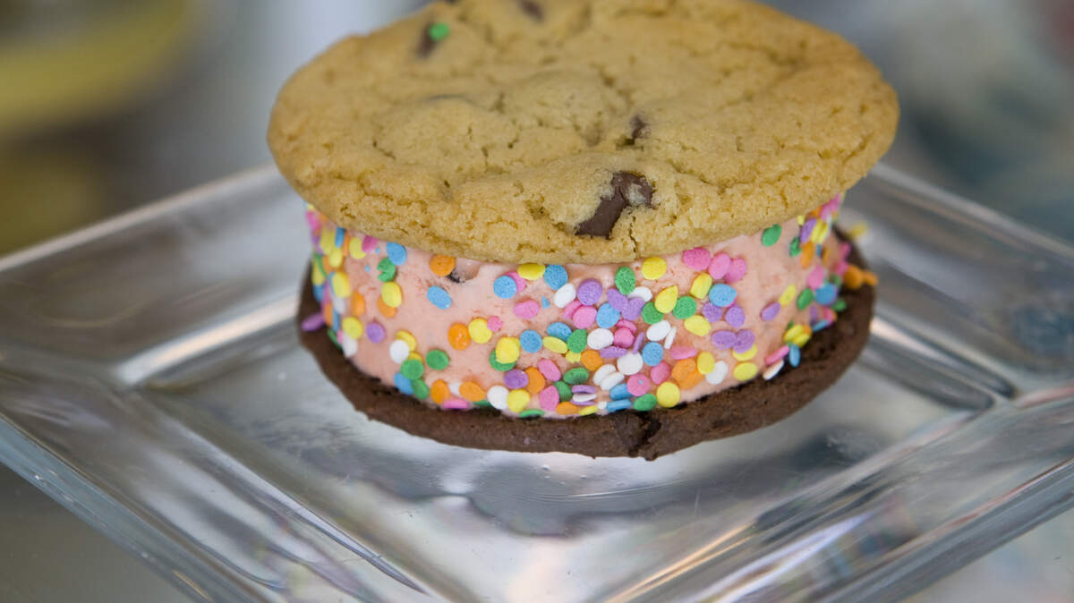 At Batch in San Luis Obispo, you can make your own ice cream sandwiches, like this one with Monarch Chip ice cream between a chocolate chip cookie and a fudge cookie, coated with sprinkles.