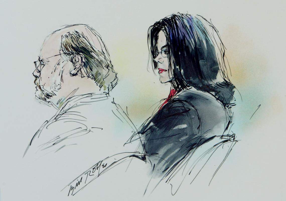 An artist rendering shows Michael Jackson, right, seated in court with defense lawyer Robert Sanger inside the Santa Barbara County courthouse Wednesday, Feb. 23, 2005, in Santa Maria, the day a jury of four men and eight women was selected in the trial.