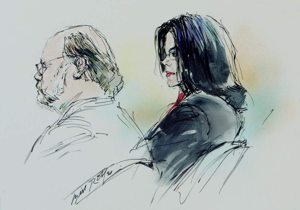 An artist rendering shows Michael Jackson, right, seated in court with defense lawyer Robert Sanger inside the Santa Barbara County courthouse Wednesday, Feb. 23, 2005, in Santa Maria, the day a jury of four men and eight women was selected in the trial.