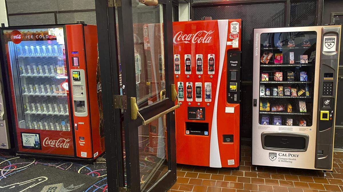 Cal Poly now has vending machines for items that can be found in drug stores as seen here on Nov. 20, 2025. This machine is in the university union along a bank of other vending machines on the ground floor.
