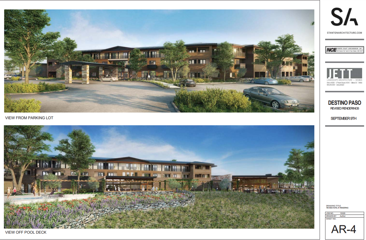 Architectural renderings show the preliminary plan for a 136-room hotel approved on Feb. 25, 2025, to be developed in Paso Robles. The hotel is part of the Destino Paso Resort project and would bring three additional hotels to the area.