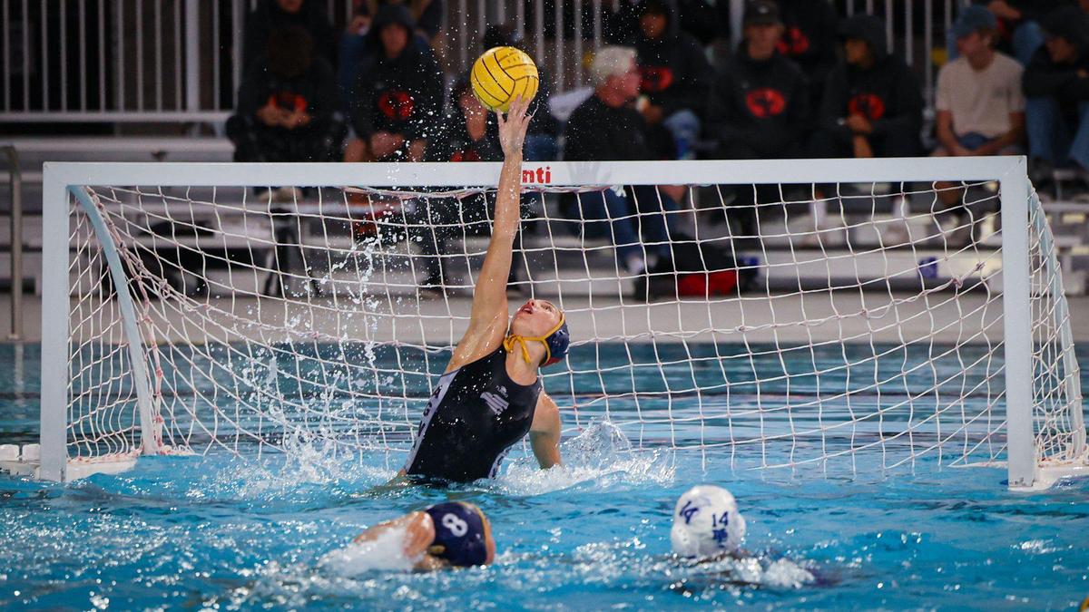 Bay Burnett defends the goal for Arroyo Grande. Arroyo Grande High school girl’s water polo team celebrated 20 consecutive league championships with coach Steven Allen. They defeated Morro Bay 15-5 Thursday Oct. 27, 2022.