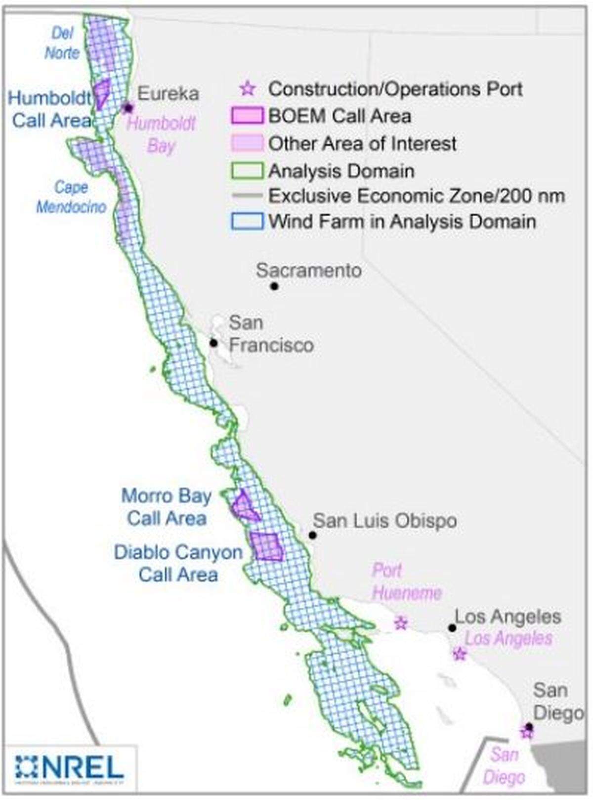 The California Energy Commission included in their report this graphic by the National Renewable Energy Laboratory showing potential areas for offshore wind energy development off California’s coast.