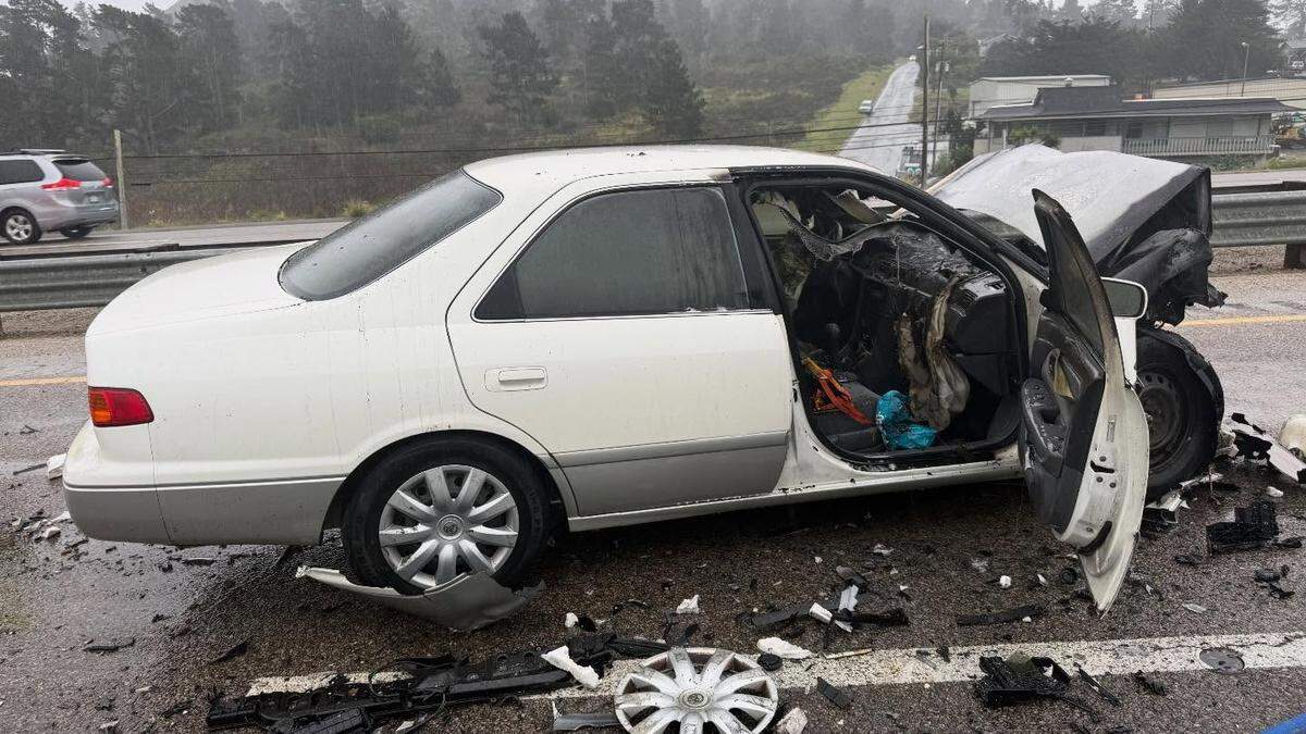 A silver Hyundai driving the wrong way on Highway 1 crashed head-on into a white Lexus near the Morro Bay Boulevard off-ramp on Feb. 10, 2026.